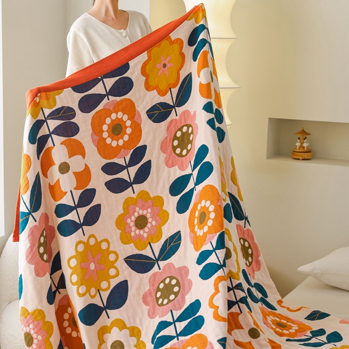 91家纺网 家纺一手货源 找家纺 朴尔  2023年新款调皮风宽边加厚透气全棉四层纱布毛巾被 奇异花园