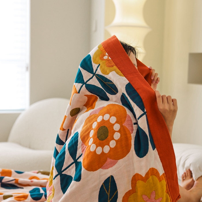 91家纺网 家纺一手货源 找家纺 朴尔  2023年新款调皮风宽边加厚透气全棉四层纱布毛巾被 奇异花园