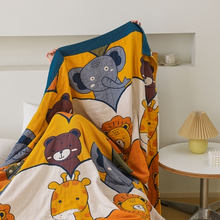 91家纺网 家纺一手货源 找家纺 朴尔  2023年新款调皮风宽边加厚透气全棉四层纱布毛巾被 快乐动物