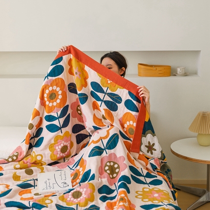 91家纺网 家纺一手货源 找家纺 朴尔  2023年新款调皮风宽边加厚透气全棉四层纱布毛巾被 奇异花园