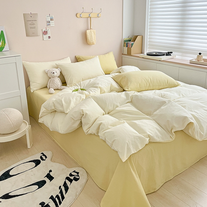91家纺网 家纺一手货源 找家纺 寐居 2023新款全棉水洗棉双拼色纯色单被套 ins风-奶油黄