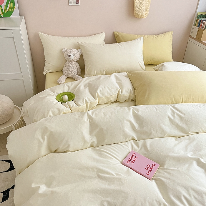 91家纺网 家纺一手货源 找家纺 寐居 2023新款全棉水洗棉双拼色纯色单被套 ins风-奶油黄