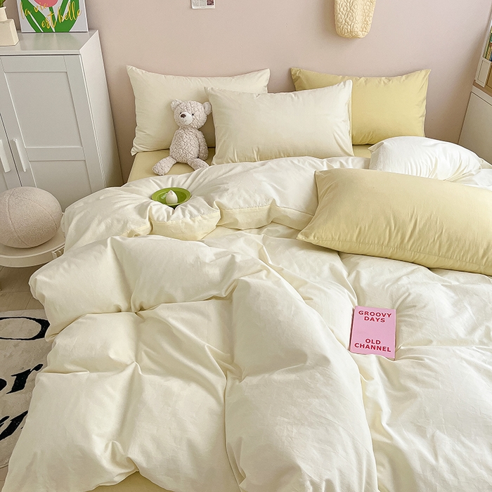 91家纺网 家纺一手货源 找家纺 寐居 2023新款全棉水洗棉双拼色纯色单被套 ins风-奶油黄