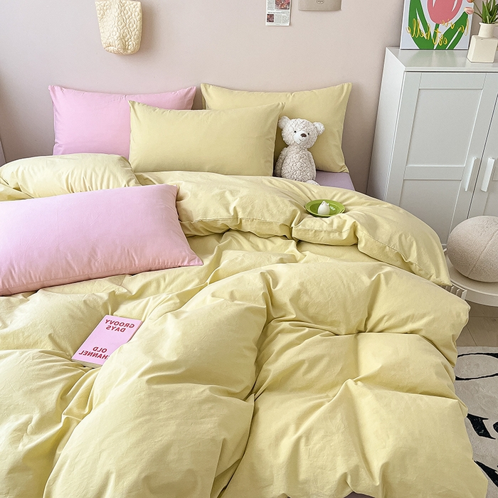 91家纺网 家纺一手货源 找家纺 寐居 2023新款全棉水洗棉双拼色纯色单被套 ins风-柠檬黄