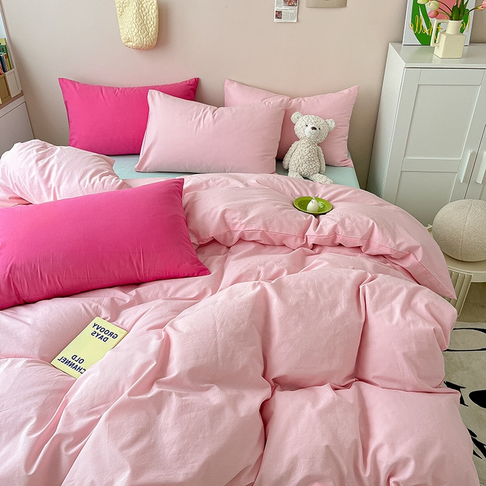 91家纺网 家纺一手货源 找家纺 寐居 2023新款全棉水洗棉双拼色纯色单被套 ins风-樱花粉