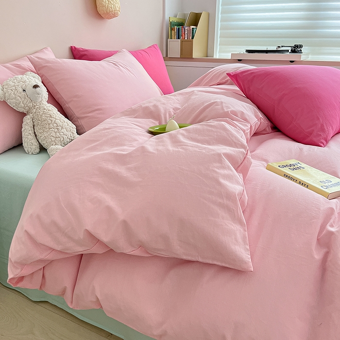 91家纺网 家纺一手货源 找家纺 寐居 2023新款全棉水洗棉双拼色纯色单被套 ins风-樱花粉