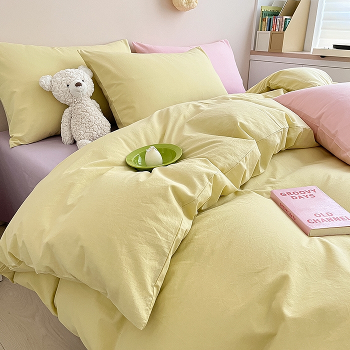 91家纺网 家纺一手货源 找家纺 寐居 2023新款全棉水洗棉双拼色纯色单被套 ins风-柠檬黄