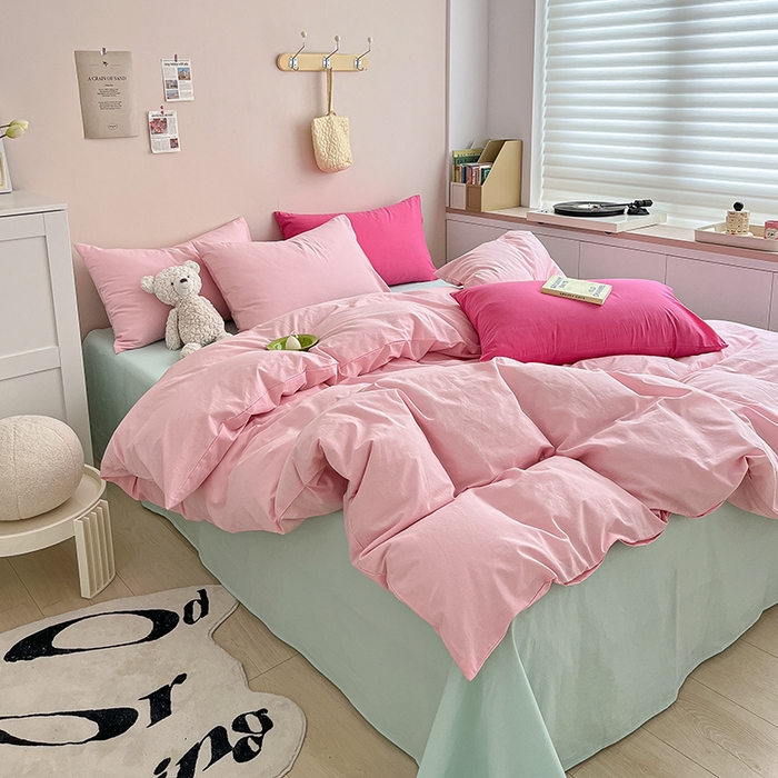 91家纺网 家纺一手货源 找家纺 寐居 2023新款全棉水洗棉双拼色纯色单被套 ins风-樱花粉