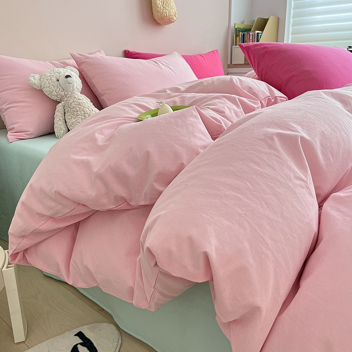 91家纺网 家纺一手货源 找家纺 寐居 2023新款全棉水洗棉双拼色纯色单被套 ins风-樱花粉