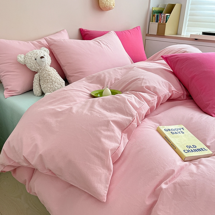 91家纺网 家纺一手货源 找家纺 寐居 2023新款全棉水洗棉双拼色纯色单被套 ins风-樱花粉