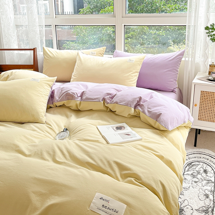 91家纺网 家纺一手货源 找家纺 寐居 2023新款全棉水洗棉双拼色纯色单被套 鹅黄+香芋紫