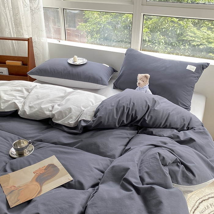 91家纺网 家纺一手货源 找家纺 寐居 2023新款全棉水洗棉双拼色纯色单被套 藏青+浅灰
