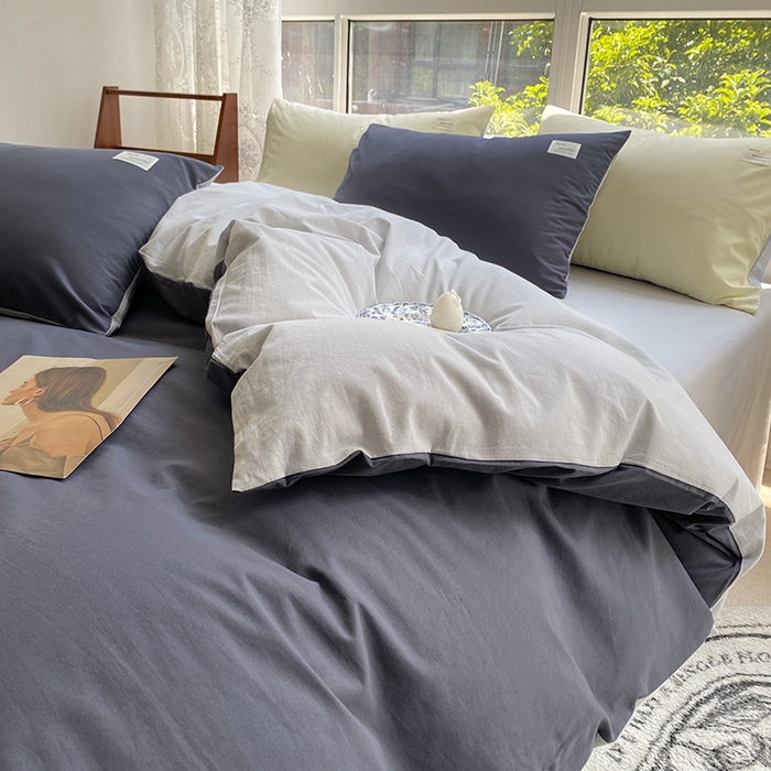 91家纺网 家纺一手货源 找家纺 寐居 2023新款全棉水洗棉双拼色纯色单被套 藏青+浅灰