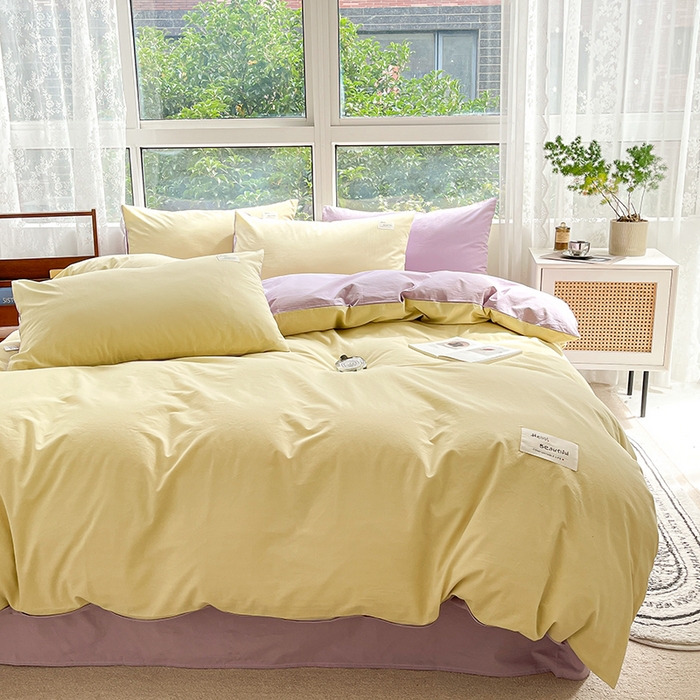 91家纺网 家纺一手货源 找家纺 寐居 2023新款全棉水洗棉双拼色纯色单被套 鹅黄+香芋紫