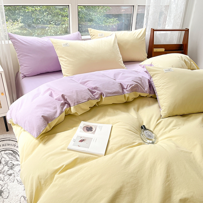 91家纺网 家纺一手货源 找家纺 寐居 2023新款全棉水洗棉双拼色纯色单被套 鹅黄+香芋紫