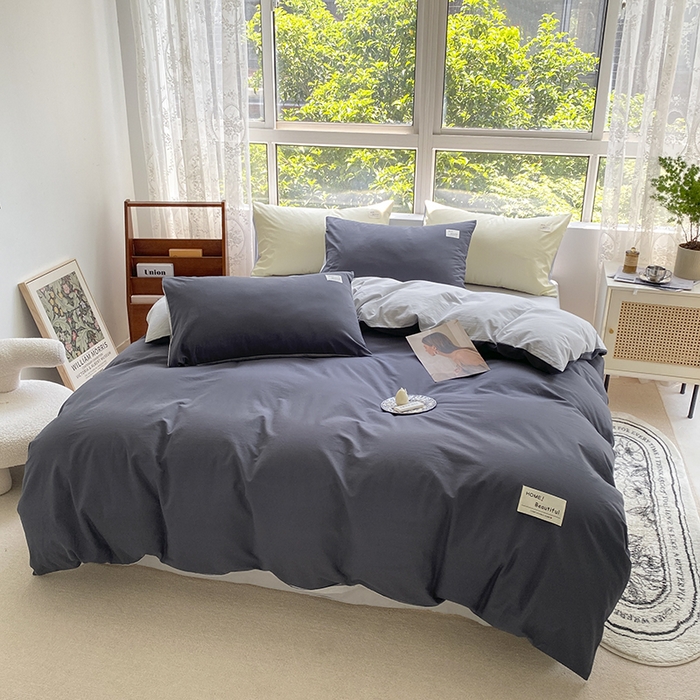 91家纺网 家纺一手货源 找家纺 寐居 2023新款全棉水洗棉双拼色纯色单被套 藏青+浅灰