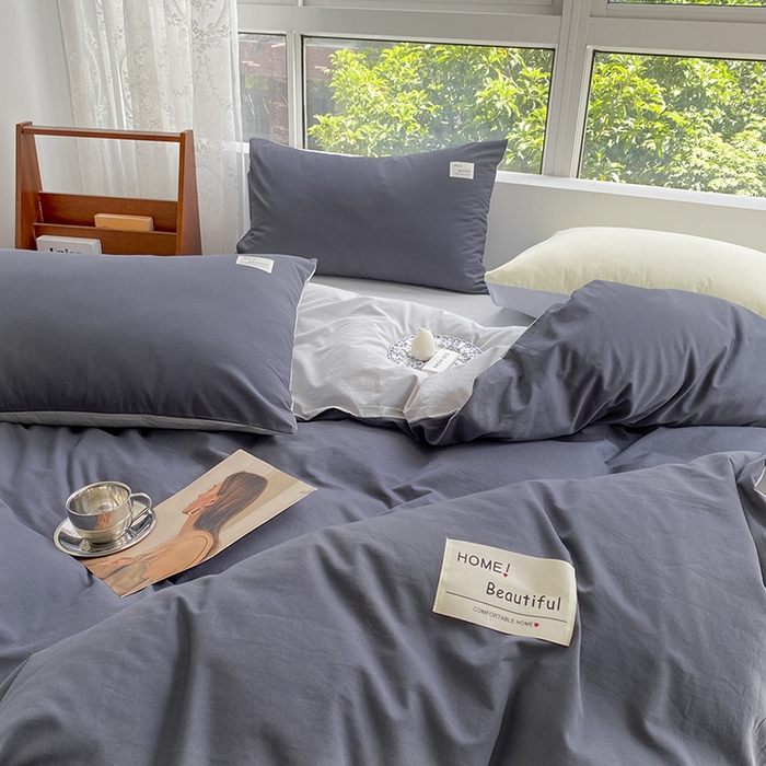 91家纺网 家纺一手货源 找家纺 寐居 2023新款全棉水洗棉双拼色纯色单被套 藏青+浅灰