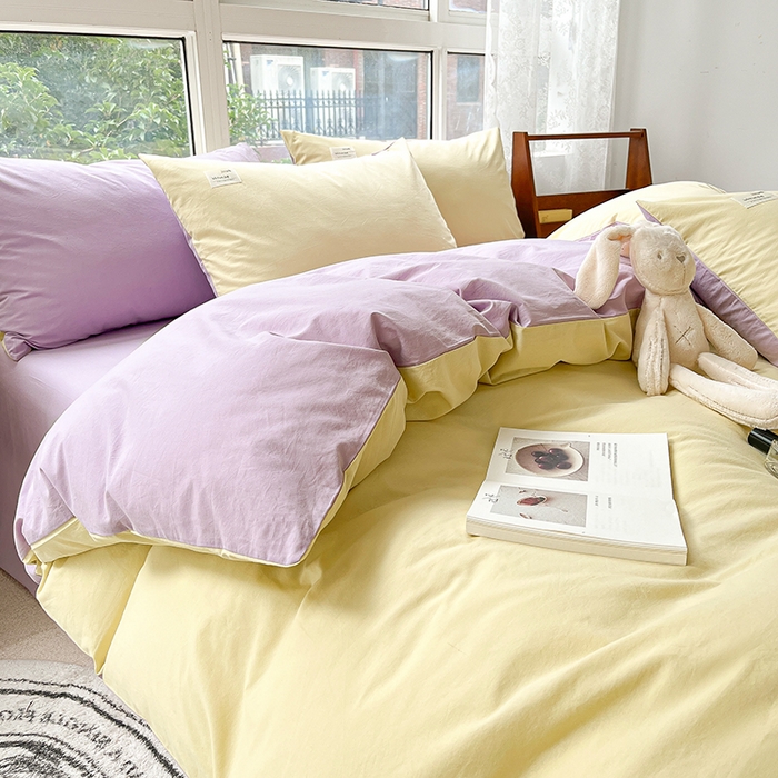 91家纺网 家纺一手货源 找家纺 寐居 2023新款全棉水洗棉双拼色纯色单被套 鹅黄+香芋紫