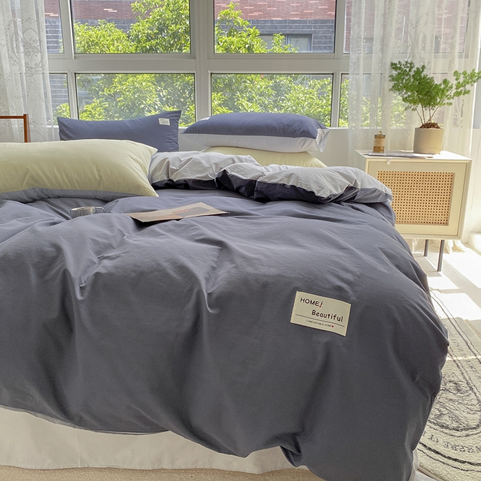 91家纺网 家纺一手货源 找家纺 寐居 2023新款全棉水洗棉双拼色纯色单被套 藏青+浅灰