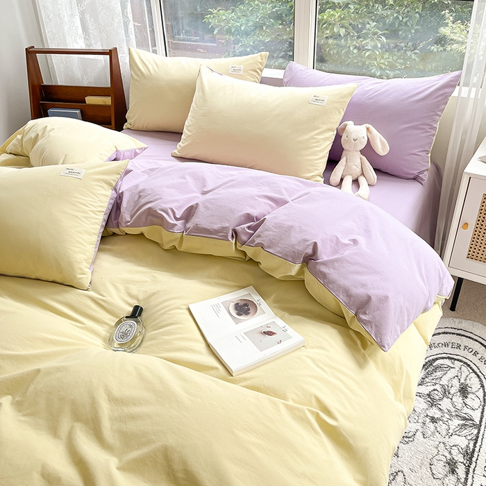 91家纺网 家纺一手货源 找家纺 寐居 2023新款全棉水洗棉双拼色纯色单被套 鹅黄+香芋紫