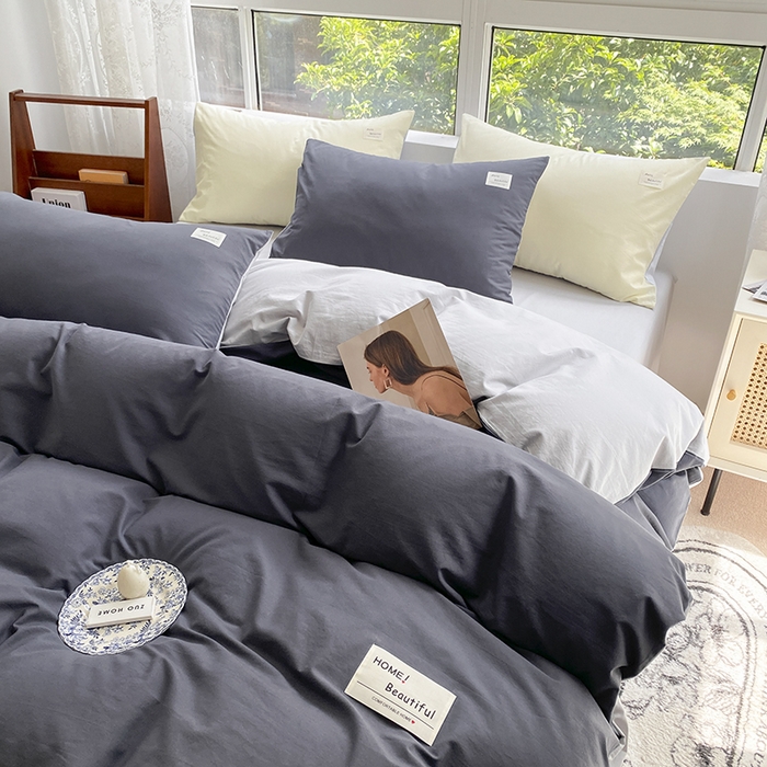 91家纺网 家纺一手货源 找家纺 寐居 2023新款全棉水洗棉双拼色纯色单被套 藏青+浅灰