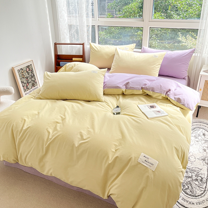 91家纺网 家纺一手货源 找家纺 寐居 2023新款全棉水洗棉双拼色纯色单被套 鹅黄+香芋紫