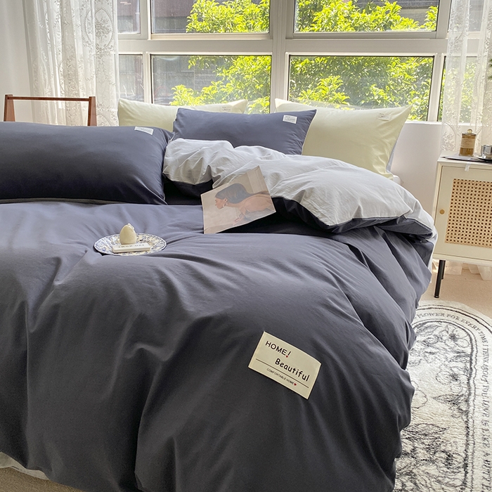 91家纺网 家纺一手货源 找家纺 寐居 2023新款全棉水洗棉双拼色纯色单被套 藏青+浅灰