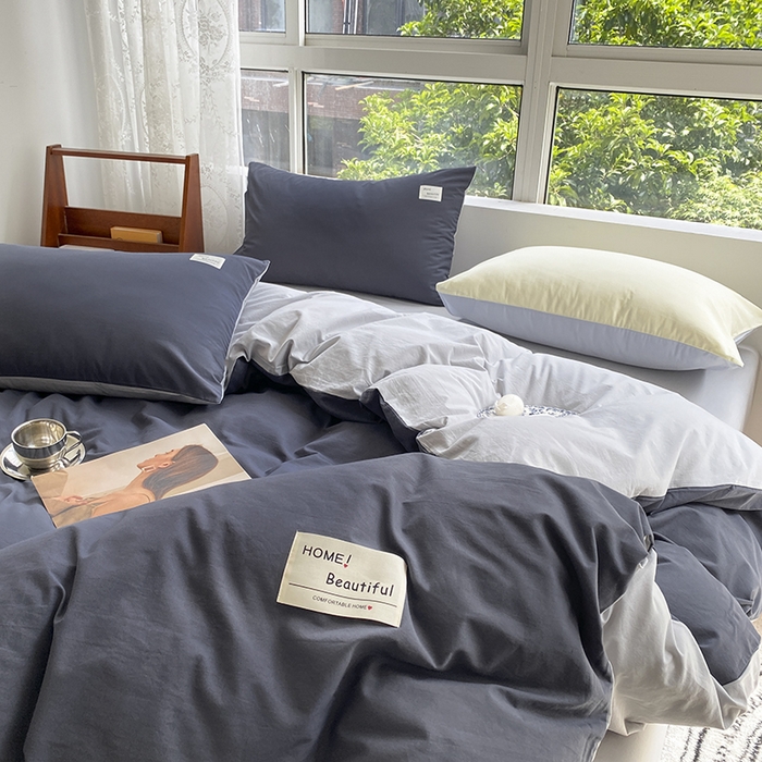 91家纺网 家纺一手货源 找家纺 寐居 2023新款全棉水洗棉双拼色纯色单被套 藏青+浅灰
