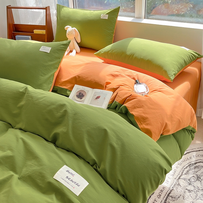 91家纺网 家纺一手货源 找家纺 寐居 2023新款全棉水洗棉双拼色纯色单被套 军绿+焦糖