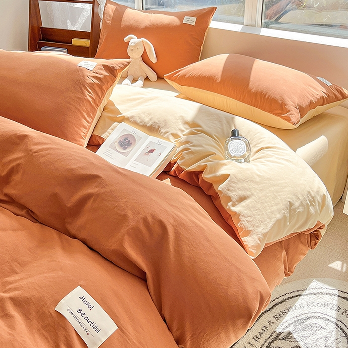 91家纺网 家纺一手货源 找家纺 寐居 2023新款全棉水洗棉双拼色纯色单被套 焦糖+卡其