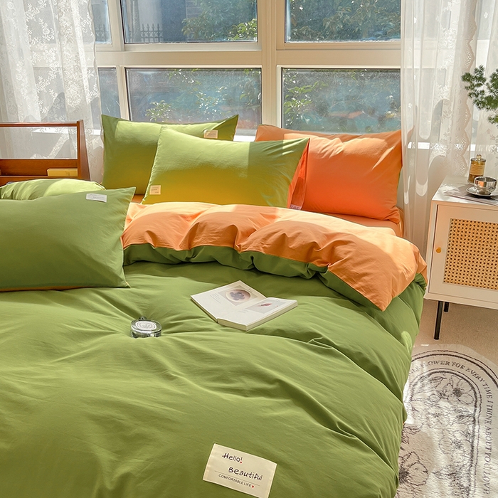 91家纺网 家纺一手货源 找家纺 寐居 2023新款全棉水洗棉双拼色纯色单被套 军绿+焦糖
