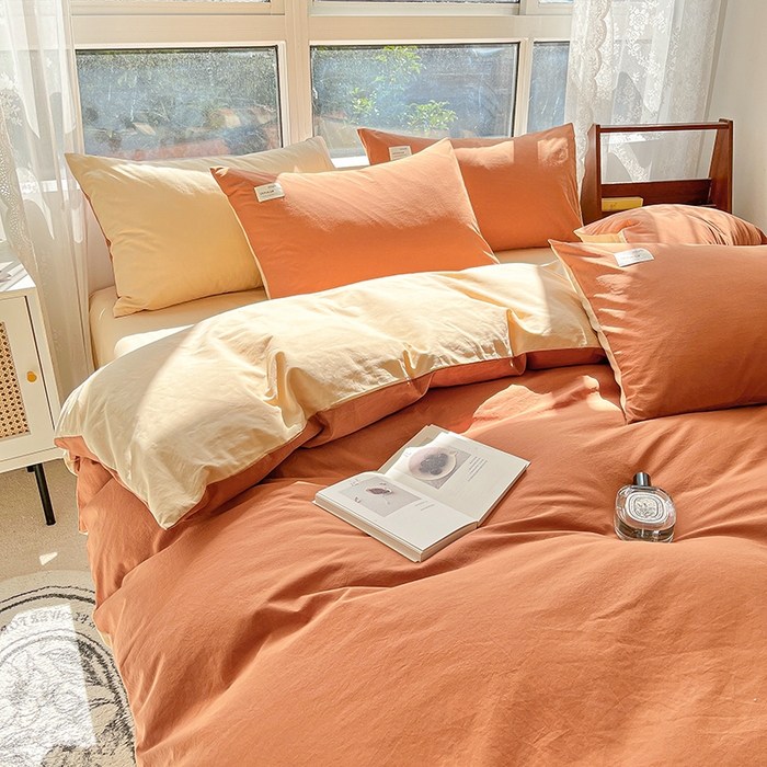 91家纺网 家纺一手货源 找家纺 寐居 2023新款全棉水洗棉双拼色纯色单被套 焦糖+卡其
