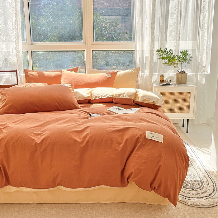 91家纺网 家纺一手货源 找家纺 寐居 2023新款全棉水洗棉双拼色纯色单被套 焦糖+卡其