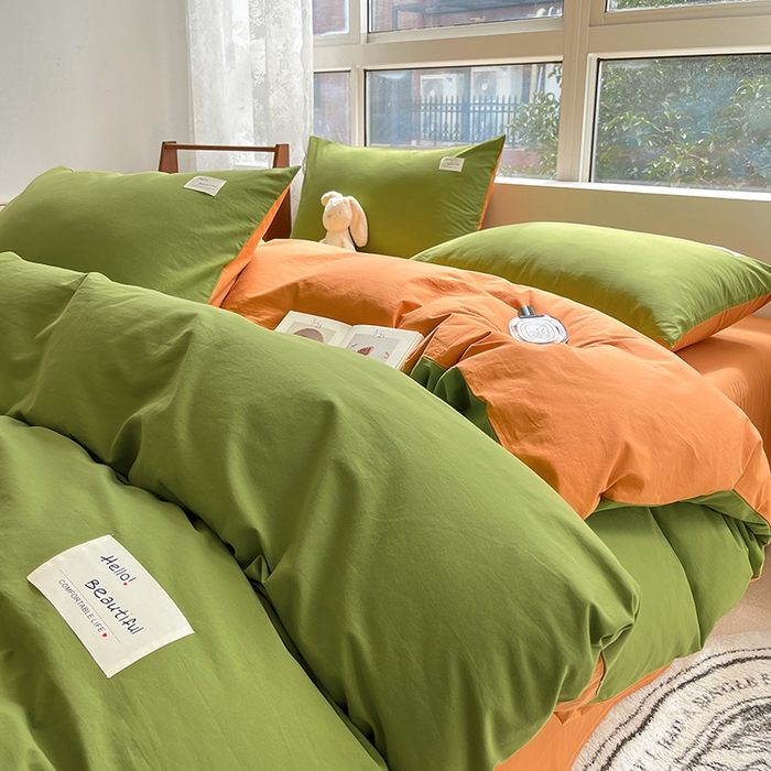91家纺网 家纺一手货源 找家纺 寐居 2023新款全棉水洗棉双拼色纯色单被套 军绿+焦糖