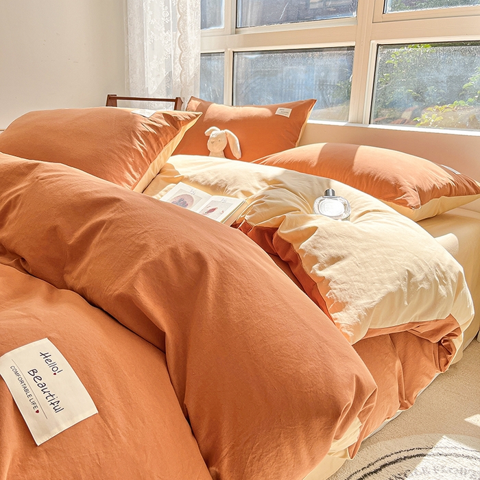 91家纺网 家纺一手货源 找家纺 寐居 2023新款全棉水洗棉双拼色纯色单被套 焦糖+卡其