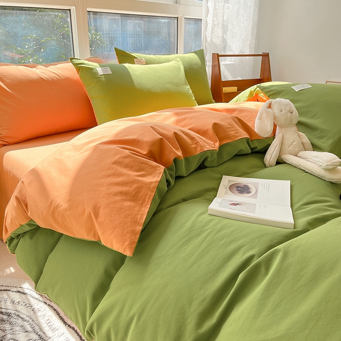 91家纺网 家纺一手货源 找家纺 寐居 2023新款全棉水洗棉双拼色纯色单被套 军绿+焦糖