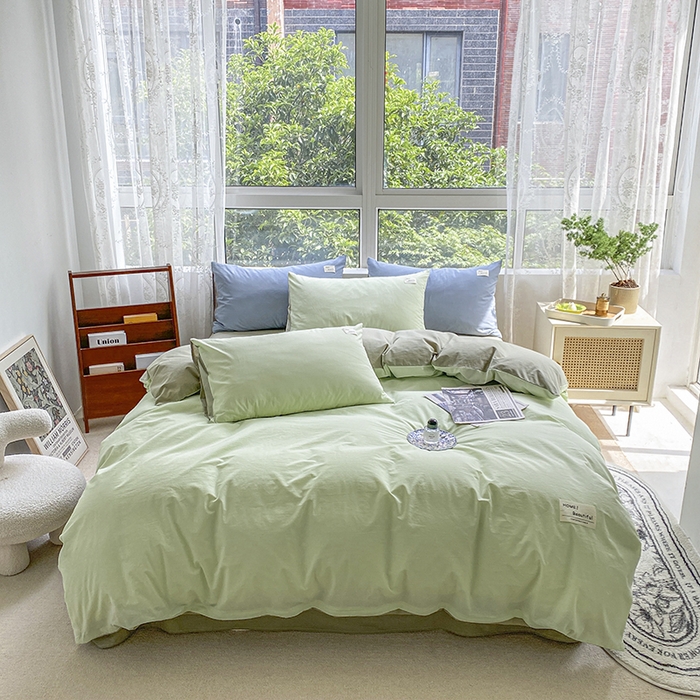 91家纺网 家纺一手货源 找家纺 寐居 2023新款全棉水洗棉双拼色纯色单被套 绿+牛油果绿