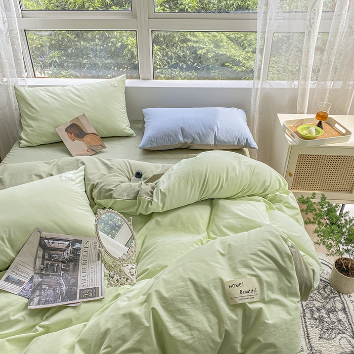 91家纺网 家纺一手货源 找家纺 寐居 2023新款全棉水洗棉双拼色纯色单被套 绿+牛油果绿