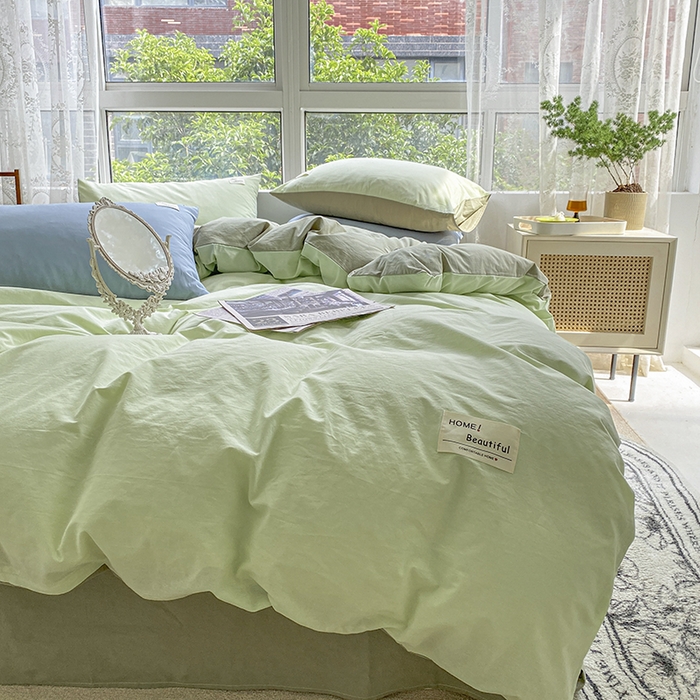 91家纺网 家纺一手货源 找家纺 寐居 2023新款全棉水洗棉双拼色纯色单被套 绿+牛油果绿