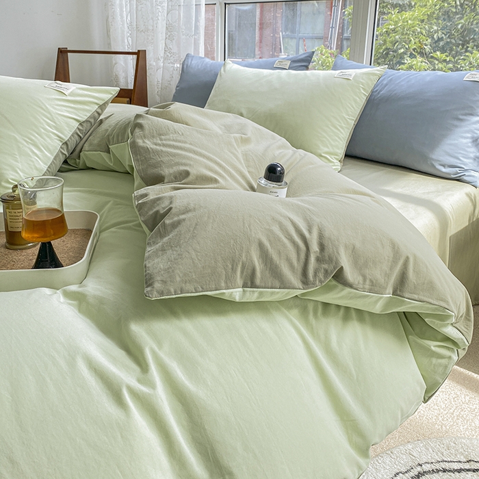 91家纺网 家纺一手货源 找家纺 寐居 2023新款全棉水洗棉双拼色纯色单被套 绿+牛油果绿