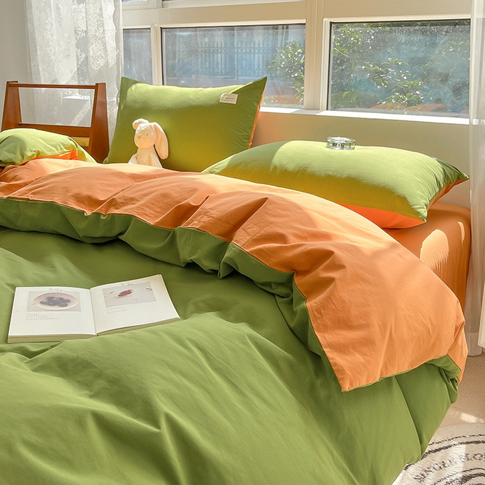 91家纺网 家纺一手货源 找家纺 寐居 2023新款全棉水洗棉双拼色纯色单被套 军绿+焦糖