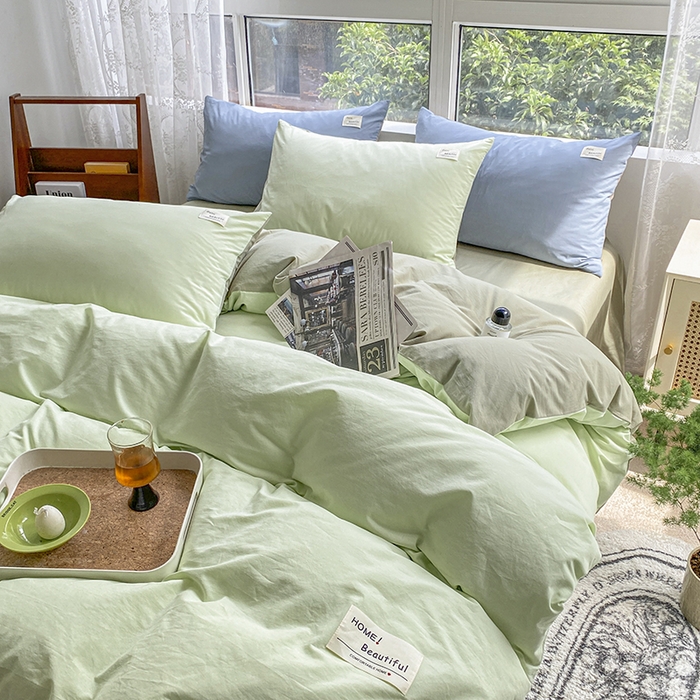 91家纺网 家纺一手货源 找家纺 寐居 2023新款全棉水洗棉双拼色纯色单被套 绿+牛油果绿