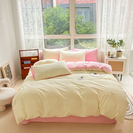 寐居 2023新款全棉水洗棉双拼色纯色单被套 米黄+深粉
