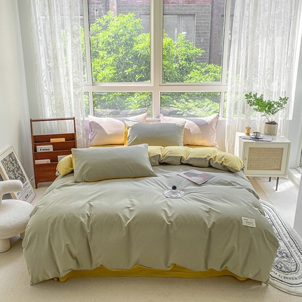 寐居 2023新款全棉水洗棉双拼色纯色单被套 抹茶绿+橡木黄