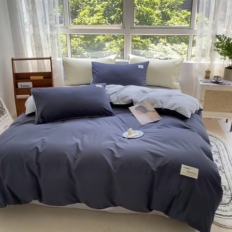 91家纺网 家纺一手货源 找家纺 寐居 2023新款全棉水洗棉双拼色纯色单被套 藏青+浅灰