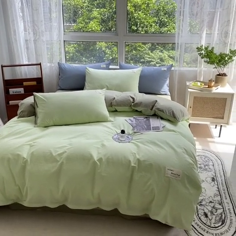 91家纺网 家纺一手货源 找家纺 寐居 2023新款全棉水洗棉双拼色纯色单被套 绿+牛油果绿