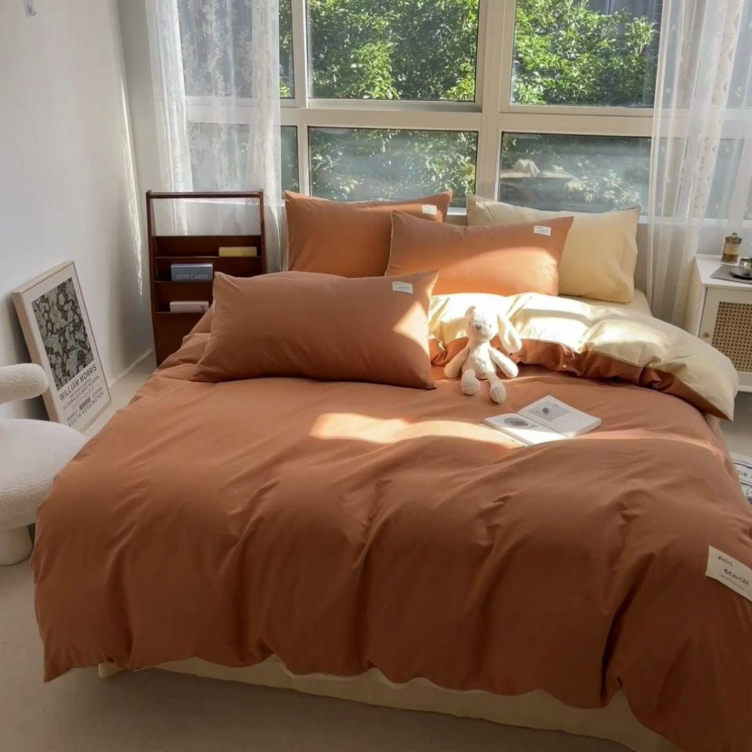 91家纺网 家纺一手货源 找家纺 寐居 2023新款全棉水洗棉双拼色纯色单被套 焦糖+卡其