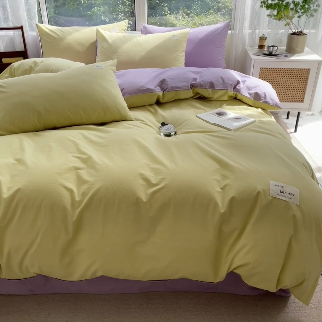 91家纺网 家纺一手货源 找家纺 寐居 2023新款全棉水洗棉双拼色纯色单被套 鹅黄+香芋紫