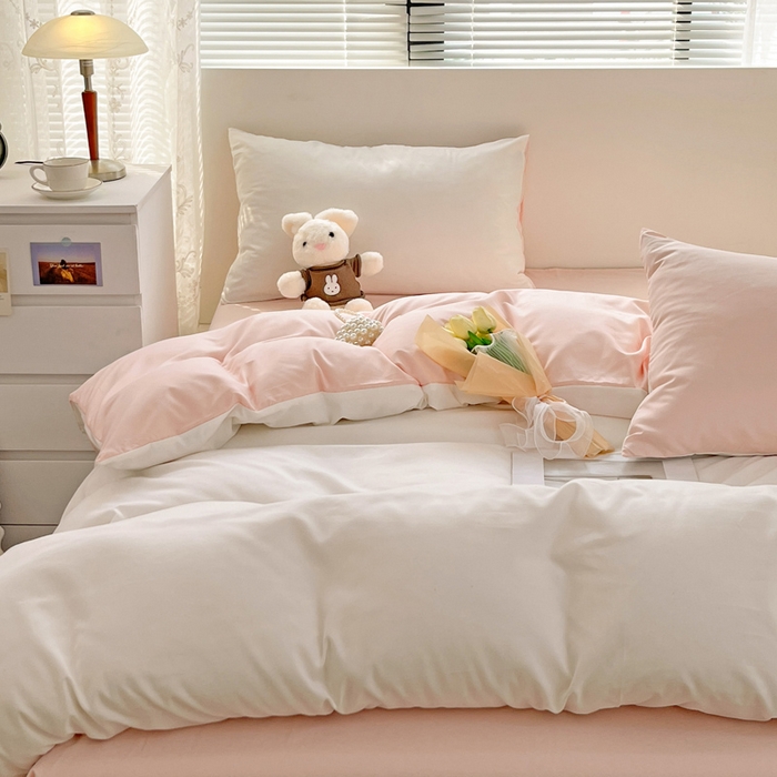 91家纺网 家纺一手货源 找家纺 芷凡 2023新款ins风少女风撞色双拼水洗棉磨毛四件套 奶白+奶油粉