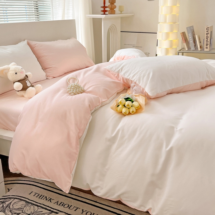 91家纺网 家纺一手货源 找家纺 芷凡 2023新款ins风少女风撞色双拼水洗棉磨毛四件套 奶白+奶油粉